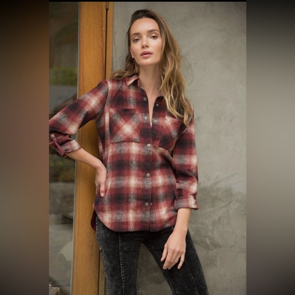 Plaid Shacket Shirt Jacket With Pockets Burgundy Size S - Picture 6 of 8